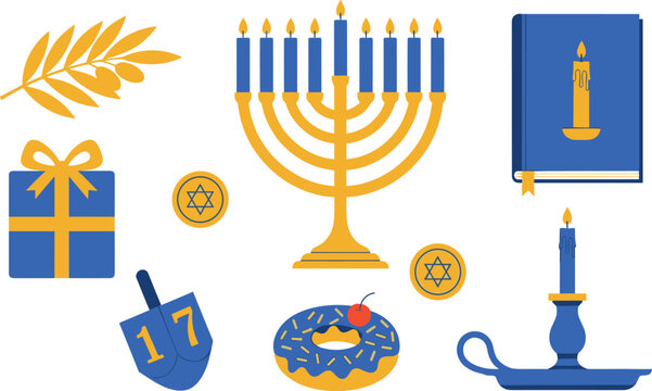 Hanukkah jewish holiday illustration set, menorah dreidel candles symbols, traditional celebration elements, blue gold vector icons