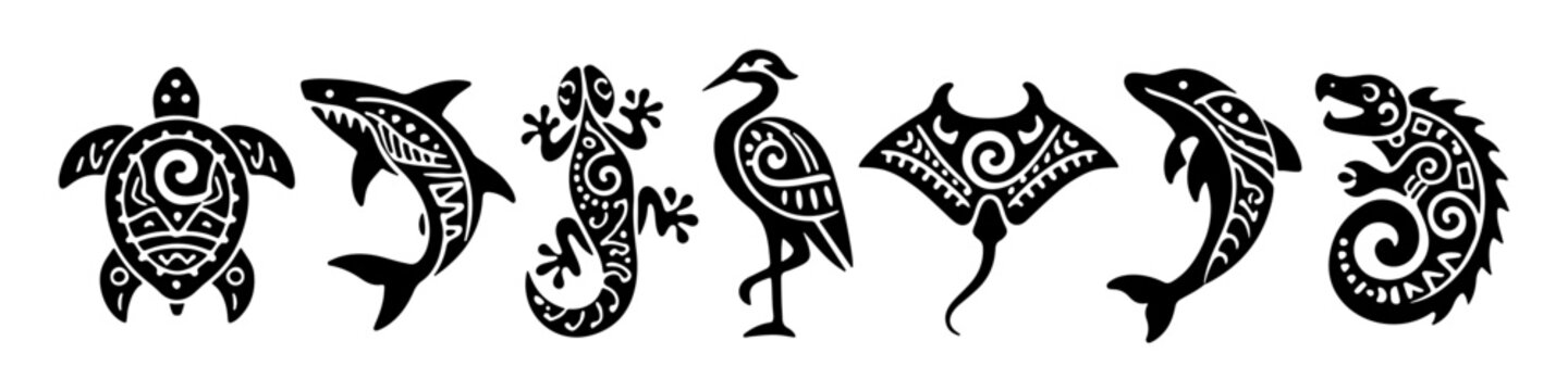 Set of tribal animal icons including turtle, shark, gecko, heron, manta ray, dolphin, and lizard. Decorative ethnic black silhouettes.
