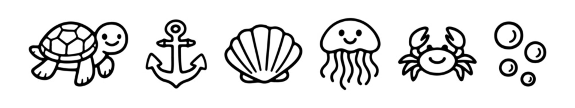 A cute set of nautical line art icons featuring a turtle, anchor, seashell, jellyfish, crab, and bubbles. Perfect for minimal ocean-themed designs.