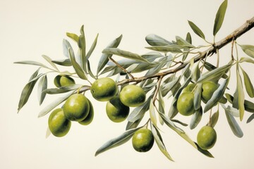 Olive branch with fresh green olives and leaves on a light background