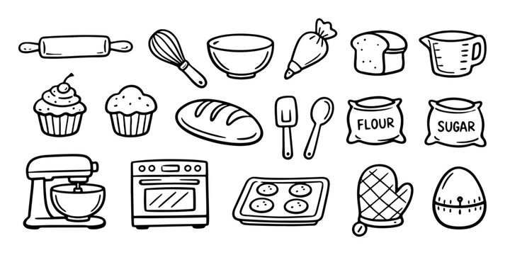 Whimsical hand-drawn baking icon set featuring essential tools and ingredients like a stand mixer, oven, whisk, and bread in a cute doodle style.