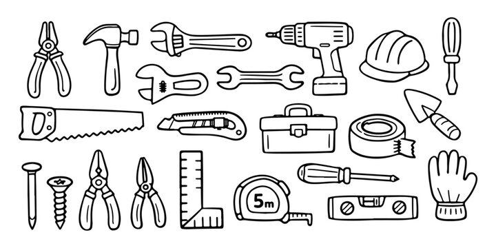 Hand-drawn collection of construction and repair tools in a doodle style. Ideal for DIY, home improvement, and carpentry projects.