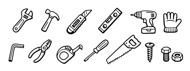 Collection of hand-drawn tool doodles for home improvement and DIY projects. Includes hammer, saw, drill, wrench, and more.