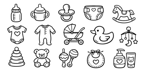 Set of cute hand-drawn baby line art icons including toys, clothing, and nursery essentials in a minimalist doodle style. © drawing lines