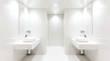 Fototapeta premium vanity. Modern white bathroom with double sinks and minimalist design in a spacious interior. real-estate listings. 