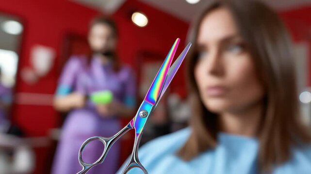 Hairdresser preparing for haircut in salon with focus on scissors and client in background