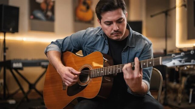 Resident strumming guitar in multipurpose music area focused expression captured foreground with softly blurred speakers and instruments around.