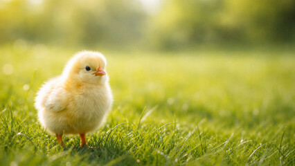 Single baby chick standing in green grass with copy space