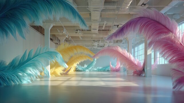 Vibrant feather art installation in industrial space with colorful textures and waves