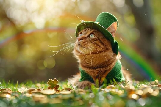 Cute ginger cat dressed as a leprechaun for St. Patrick's Day. Tabby pet wearing a green hat lying in grass with a rainbow background. Irish holiday celebration concept