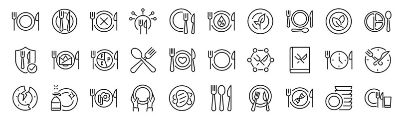 Fototapeta premium Set of 30 outline icons related to plate, spoon, knife and fork. Linear icon collection. Editable stroke. Vector illustration