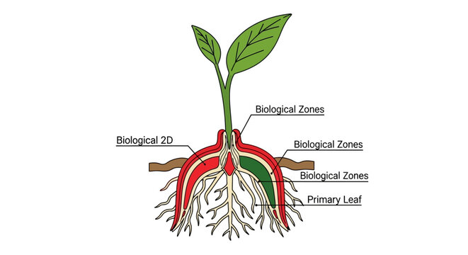 Plant Root System and Seedling Anatomy Cross-Section Diagram. Labeled Biological Zones Illustration, Botany and Early Growth Concept.