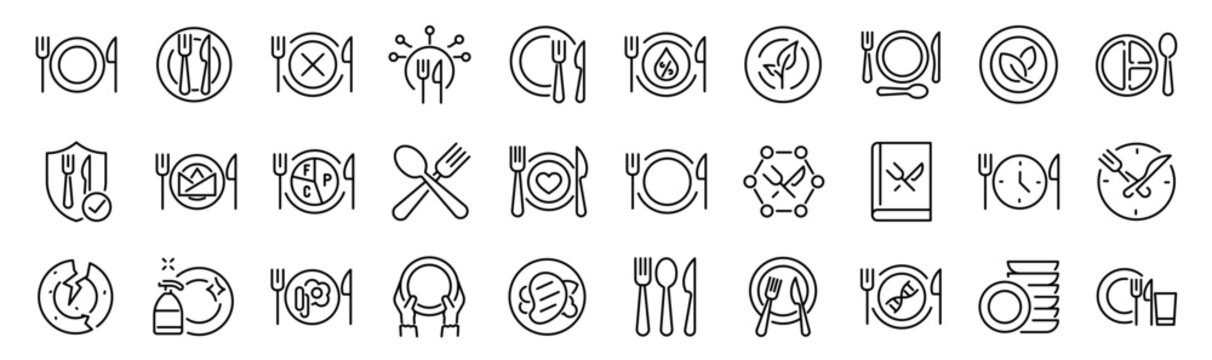 Set of 30 outline icons related to plate, spoon, knife and fork. Linear icon collection. Editable stroke. Vector illustration