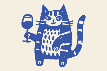 Cat with wine glass doodle hand drawn vector illustration © Victoria