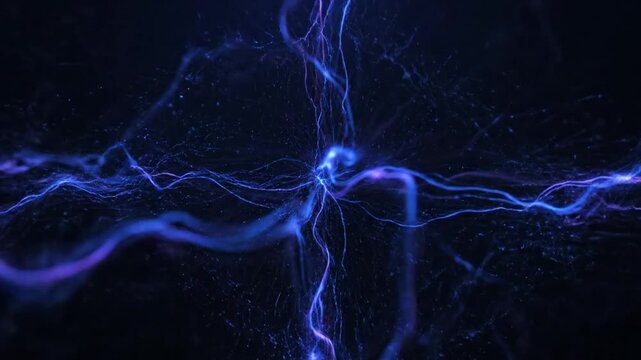 A futuristic close-up of artificial intelligence neural networks with electric sparks, energy, technology, pulse, and lightning in a dark environment.