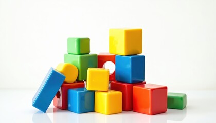 Obraz premium Colorful building blocks stacked and scattered. Small plastic cubes create towers and piles. These toys represent creativity, learning, and play for children.