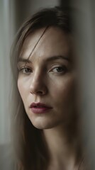 Fototapeta premium Young Caucasian woman with natural makeup and blonde hair in soft window light creating dramatic shadows and highlights on face for beauty portrait.