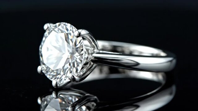 Close up view of sparkling diamond engagement ring in different angles on black background for jewelry catalog