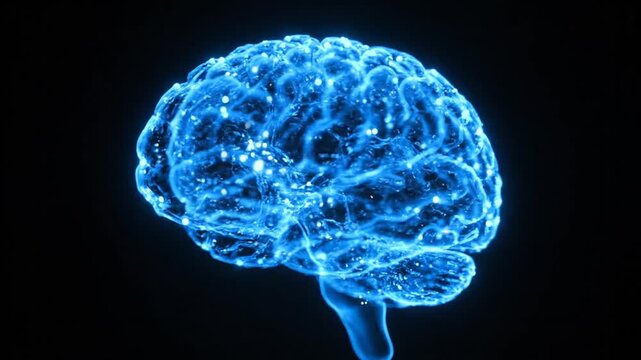 A futuristic representation of the human brain illuminated with blue neon lights, symbolizing artificial intelligence and technological advancements in a dark environment viewed from the side.