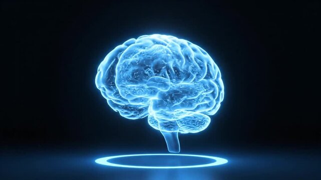 A futuristic 3D illustration of a glowing blue human brain representing artificial intelligence, isolated on a dark background, viewed from the side.