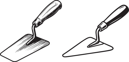 Masonry Trowel Tools Black and White Illustration Set. 