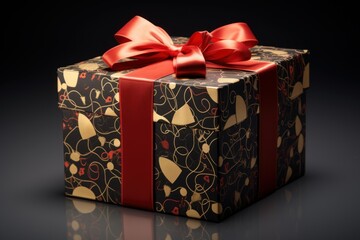 Present wrapped in black and golden paper, tied with a red satin bow