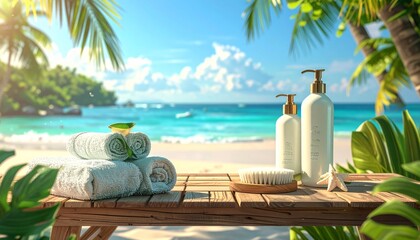 Obraz premium Eco friendly body wash products and towels are laid out on a wooden table outdoors by the beach.