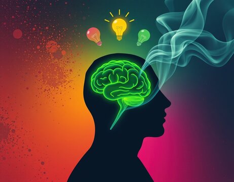 Creative Mind: Conceptual Art of Glowing Brain with Ideas Emerging as Lightbulbs and Smoke, Symbolizing Inspiration and Intellectual Power.