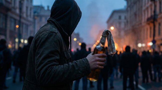 Protest mob demonstration urban streets photography nighttime close-up tension in the air