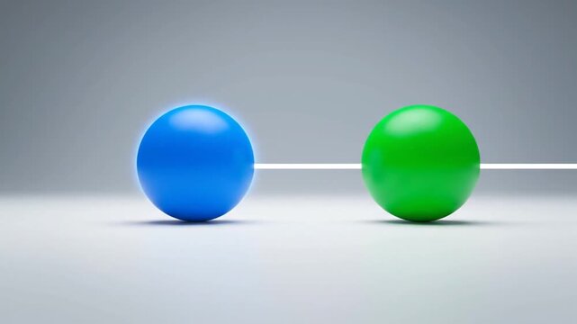 Spheres representing artificial intelligence concepts on a sleek surface with a blue and green orb, viewed from a straightforward angle
