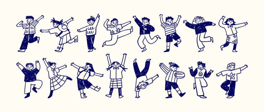 Doodle children dance set. Happy kids move with music and have fun. Funny little girls and boys celebrate success and holiday. Outline hand drawn isolated vector illustrations on white background.