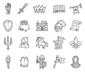 Fototapeta premium Middle ages set in outline line art featuring knight armor sword shield castle crown scroll banner torch horse helmet book flag