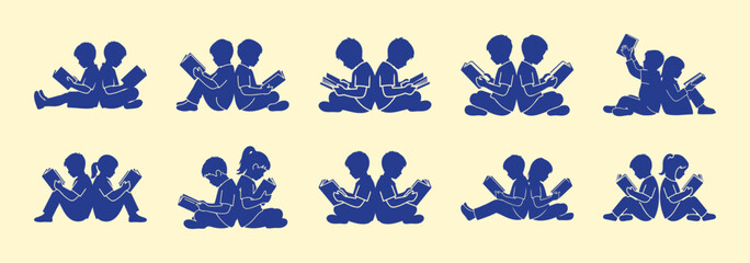 Fototapeta premium Children Reading Books Together Back-to-Back, Diverse Poses, Flat Design Vector Illustration