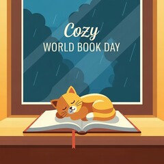 A cat sleeping on an open book with the words cozy world book day on the window