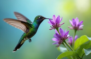 Obraz premium Green hummingbird hovers near purple flowers drinking nectar. Tiny bird with iridescent feathers flits mid-air in garden. Wildlife scene shows avian feeding on bloom.