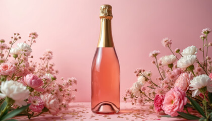 Obraz premium Rose sparkling wine bottle with gold foil cap sits among delicate pink and white flowers. Confetti scattered on pink surface suggests celebration, romance, and special events.