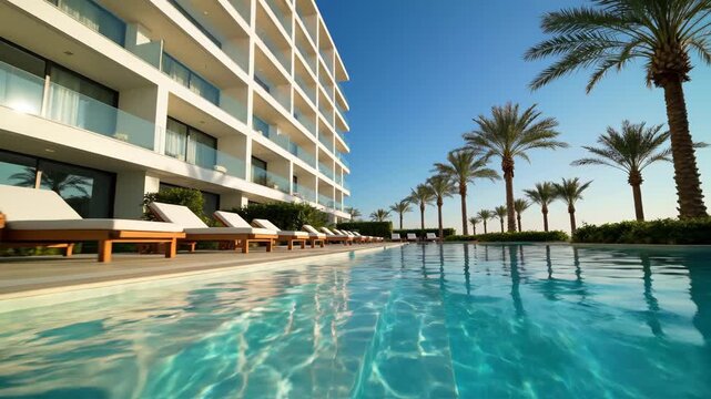 Modern resort with outdoor swimming pool, lounge chairs, and palm trees reflected in clear water under blue sky.