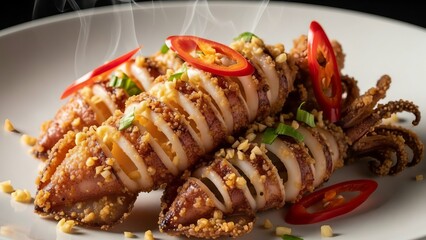 Grilled squid with crispy breading and colorful vegetables on a white plate