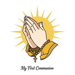A child's hands in prayer with a rosary for their first communion celebration