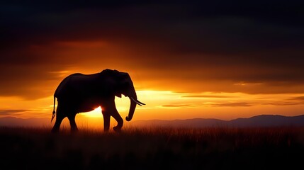 African elephant silhouette walking across savanna grassland during golden sunset with dramatic orange sky and mountain backdrop for wildlife photography.