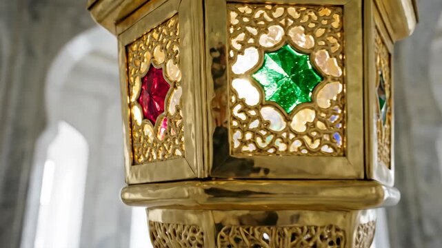 Golden ornate hanging lantern with stained glass detail in a mosque or arabic building on a sunny day. Islamic holiday design.