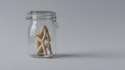 A sad wooden mannequin trapped in a glass jar represents mental health struggles with anxiety and isolation.