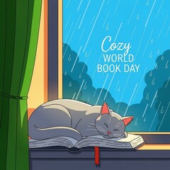 A cozy cat curled up on a book by a rainy window on world book day