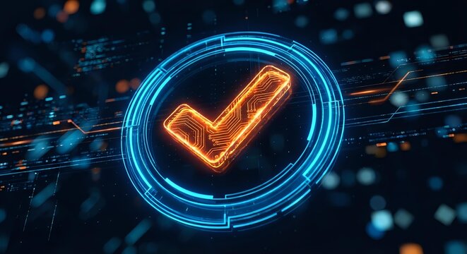 Glowing orange checkmark icon surrounded by blue circular holographic interface on dark digital technology background with bokeh lights and data streams.