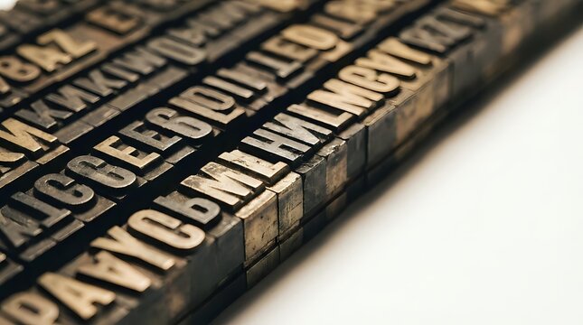 Vintage wooden letterpress type blocks with raised letters arranged in rows, showcasing traditional printing craftsmanship and typography history.