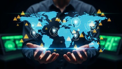 A person holding a holographic globe with interconnected icons representing global communication.