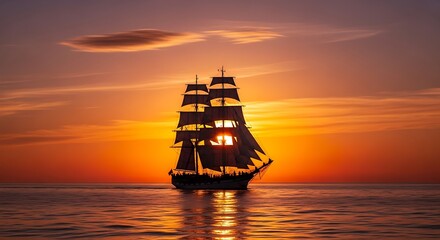 Obraz premium Majestic Sailing Ship at Sunset with Silhouette on the Ocean, Dramatic Sky, and Golden Hour.
