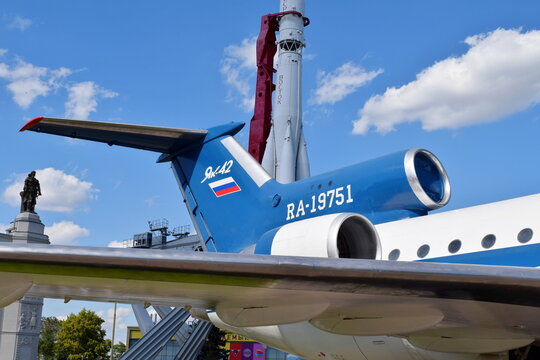 Yakovlev Yak-42 soviet passenger aircraft monument displayed at VDNKh exhibition center, Moscow, Russia, August 2015 