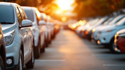 Obraz premium Parking lot filled with rows of used cars focusing on dealership and rental industry, thriving automotive business, transportation market, growing automobile sector, commercial veh