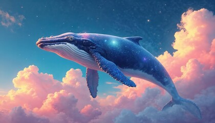 Fototapeta premium Blue whale with starry patterns swims gracefully through soft pink and orange clouds in a clear sky. Celestial creature floats above fluffy cumulus formations. Dreamlike fantasy scene.